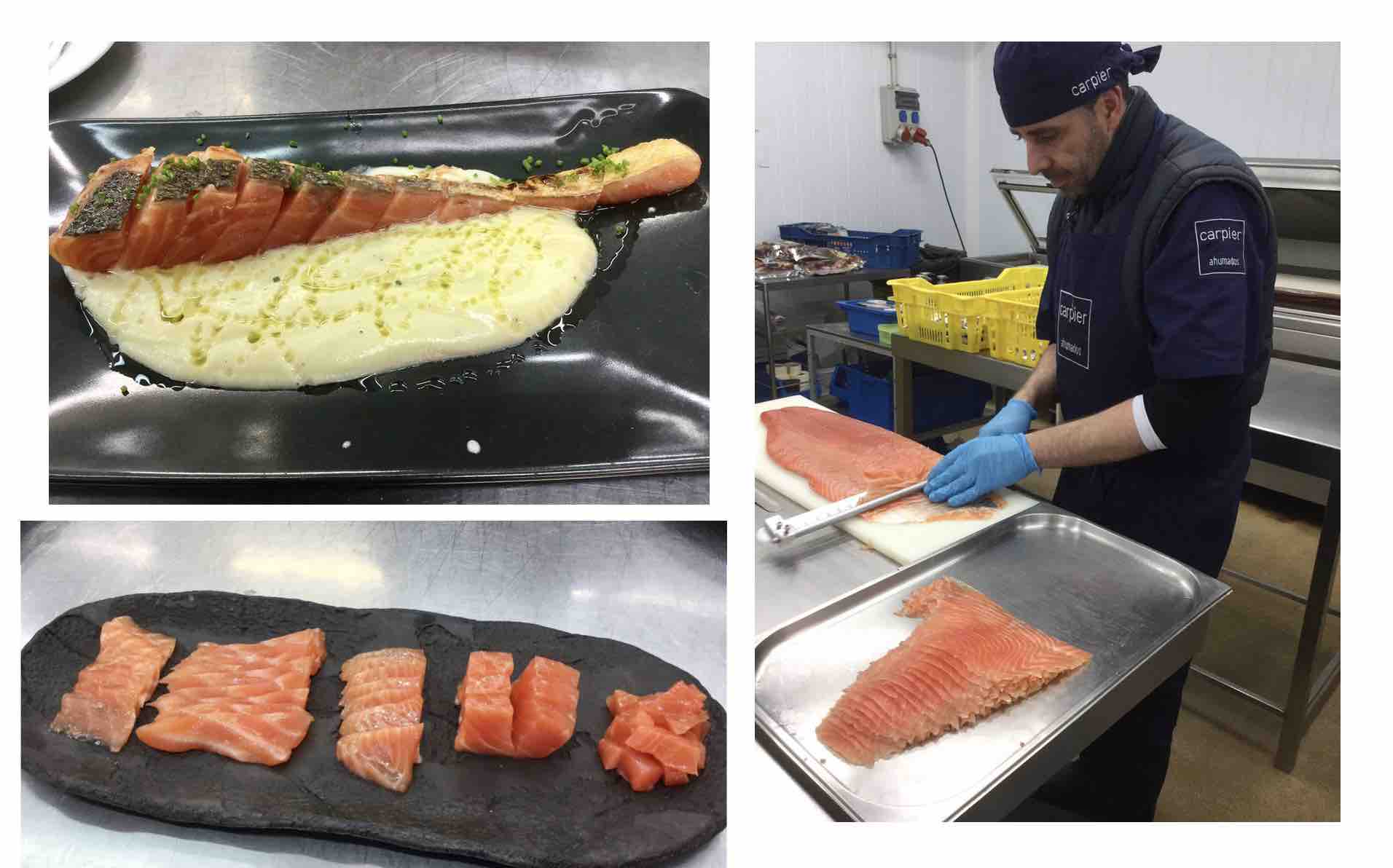 Manipulación profesional del salmón en Pastelería Mallorca